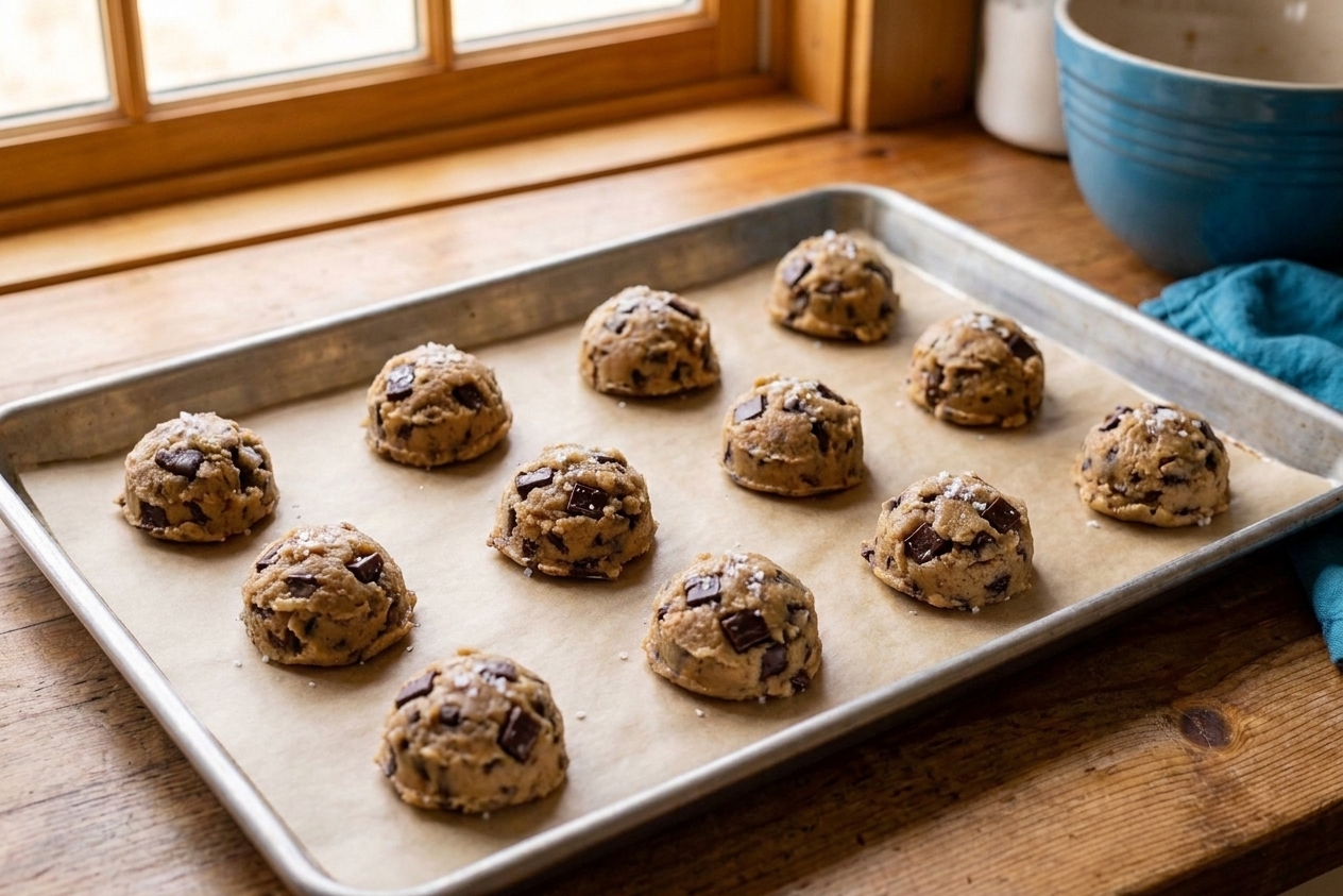 Portioned chocolate chip cookie dough mounds spaced on a parchment lined baking sheet on a kitchen counter
