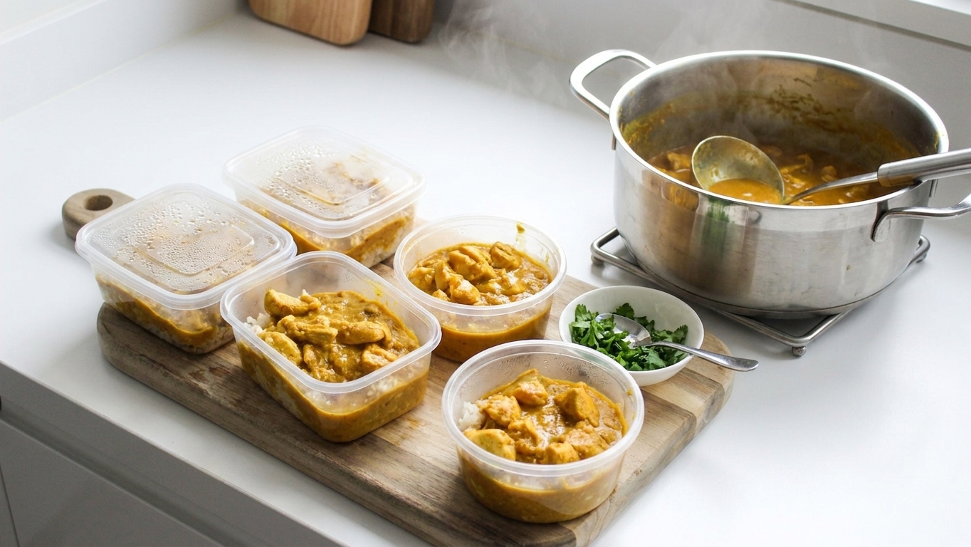 Portioned containers of chicken curry cooling on a kitchen counter next to a pot and ladle