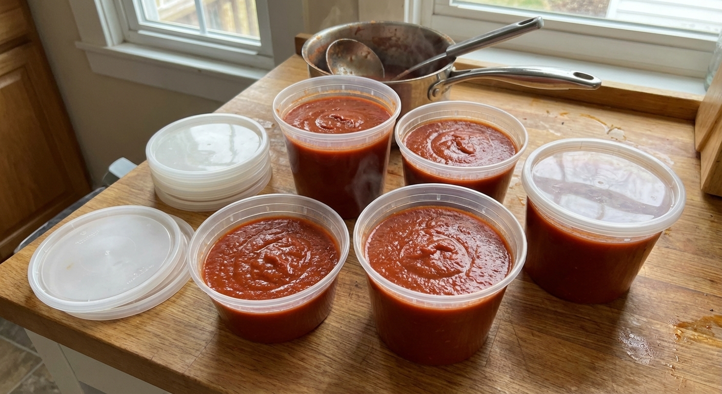 Portioned containers of red tomato gravy cooling on a counter with lids nearby, ready for refrigeration and freezing, real food photography