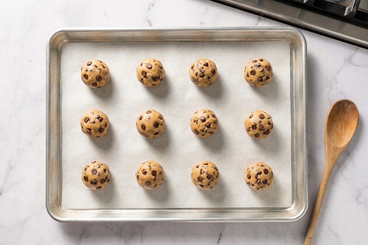 Portioned cookie dough balls arranged on a parchment-lined baking sheet on a kitchen counter, ready to bake