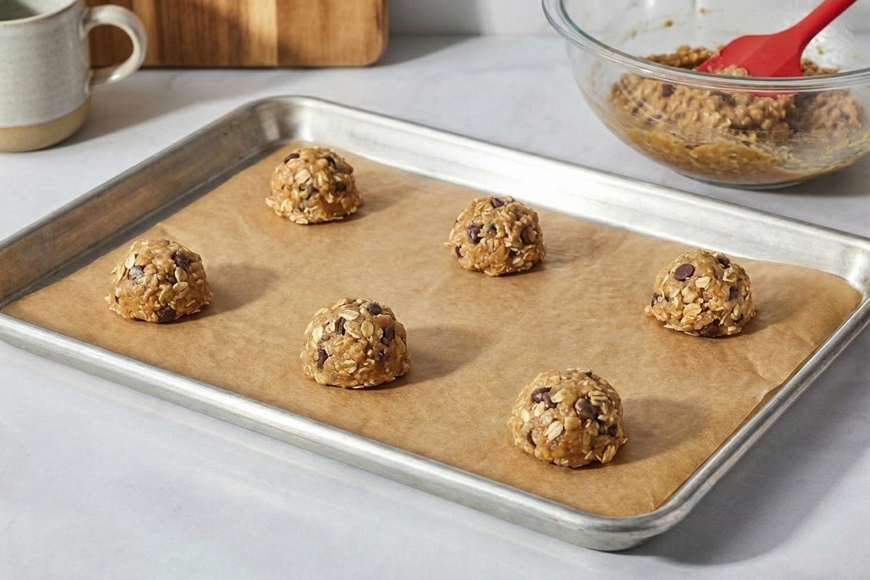 Portioned cookie dough balls spaced apart on a parchment lined baking sheet