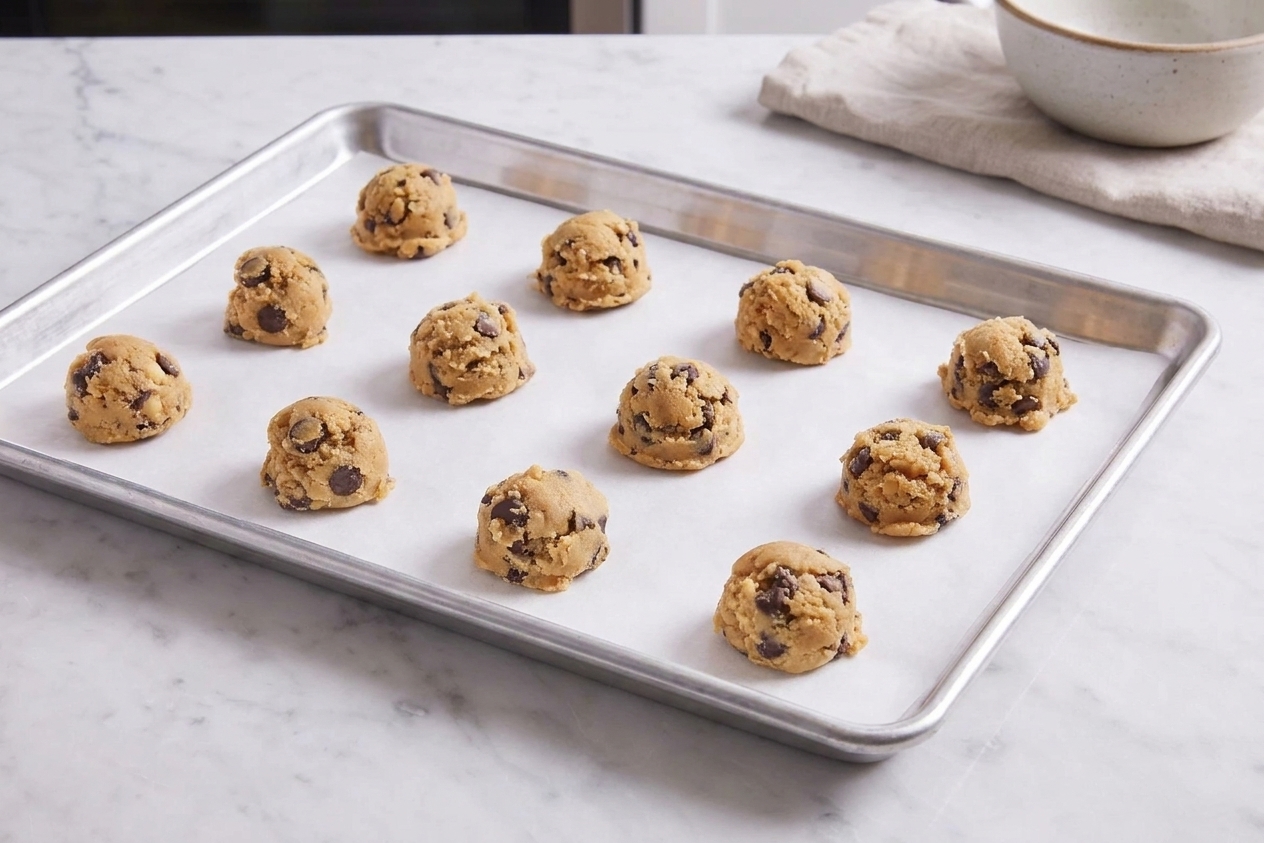Portioned cookie dough balls spaced on a parchment lined baking sheet ready to chill on a kitchen counter