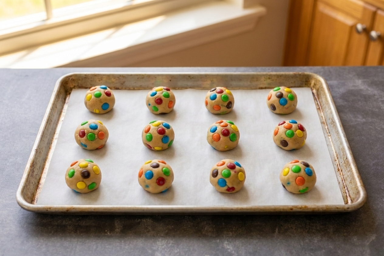 Portioned cookie dough balls with M&Ms visible, arranged on a parchment-lined baking sheet ready to chill