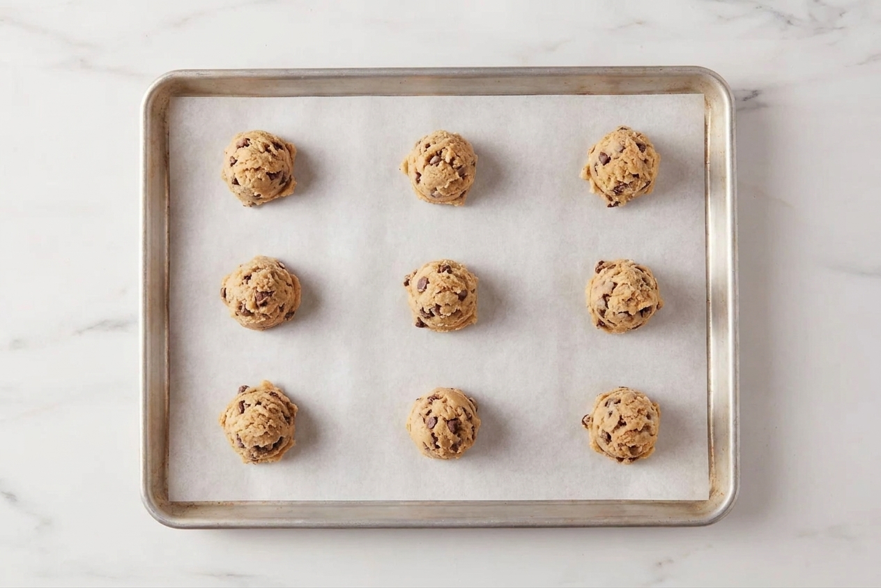 Portioned cookie dough scoops spaced evenly on a parchment-lined baking sheet on a kitchen counter