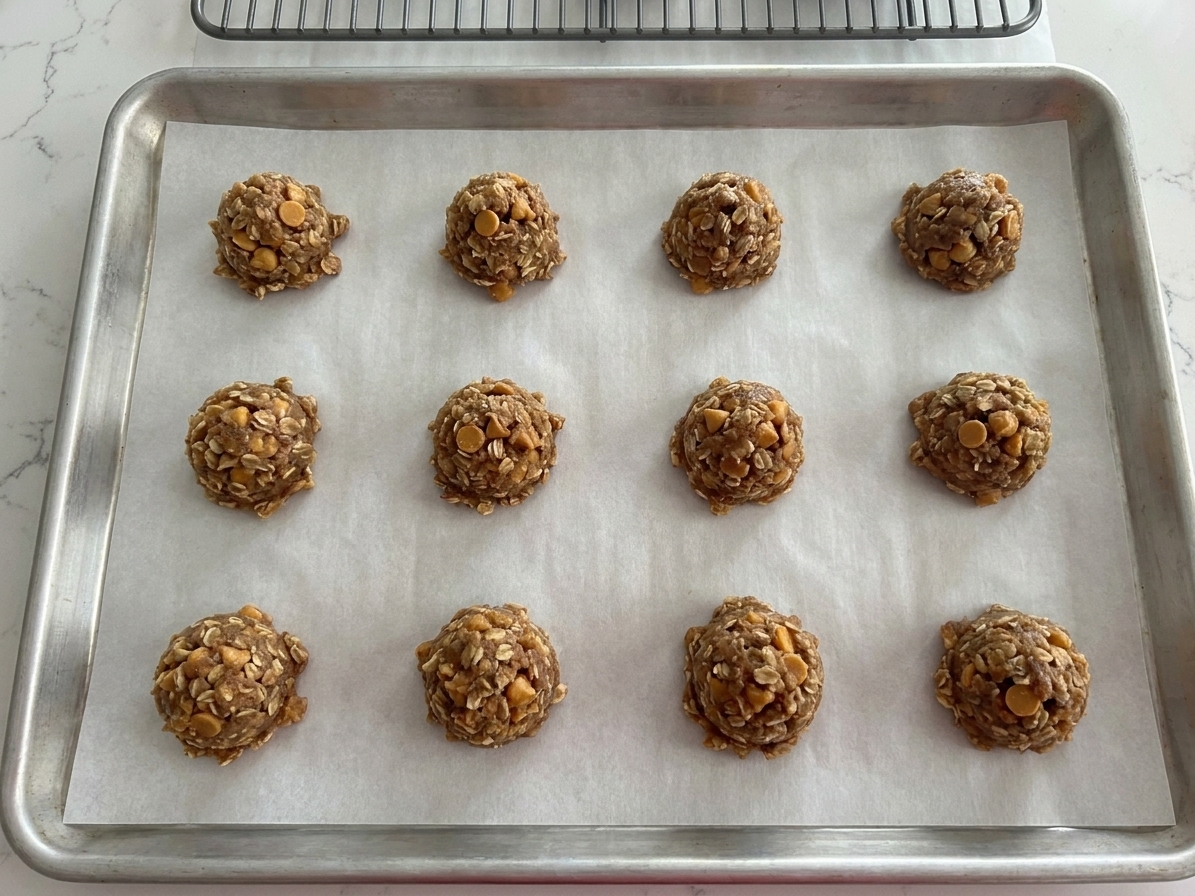 Portioned cookie dough scoops spaced evenly on a parchment lined baking sheet