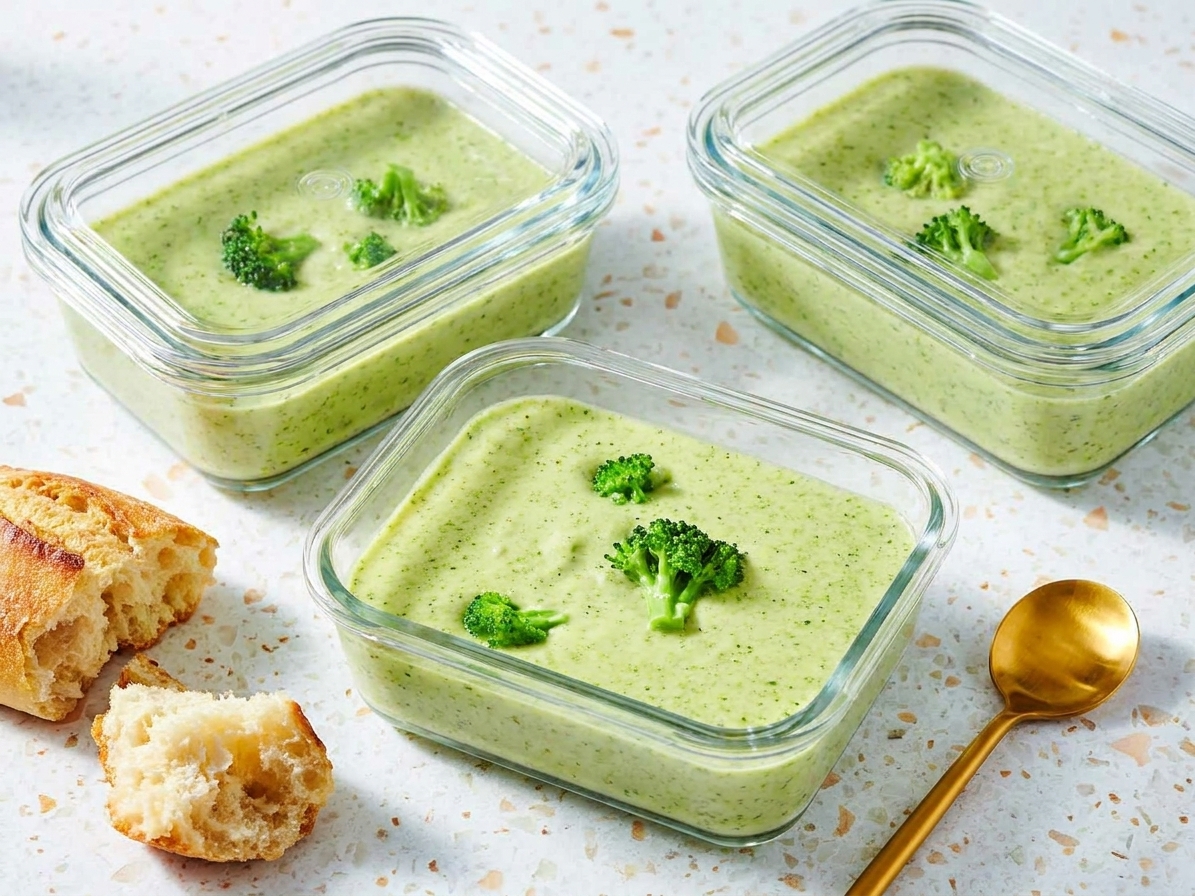 Portioned creamy broccoli soup in glass meal prep containers with lids on a kitchen counter