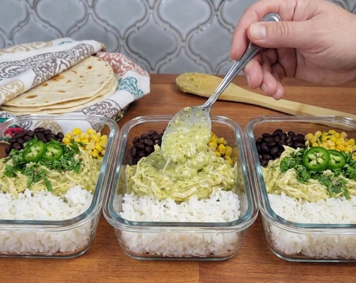 Portioned creamy salsa verde chicken in glass meal prep containers with rice and toppings on a kitchen counter
