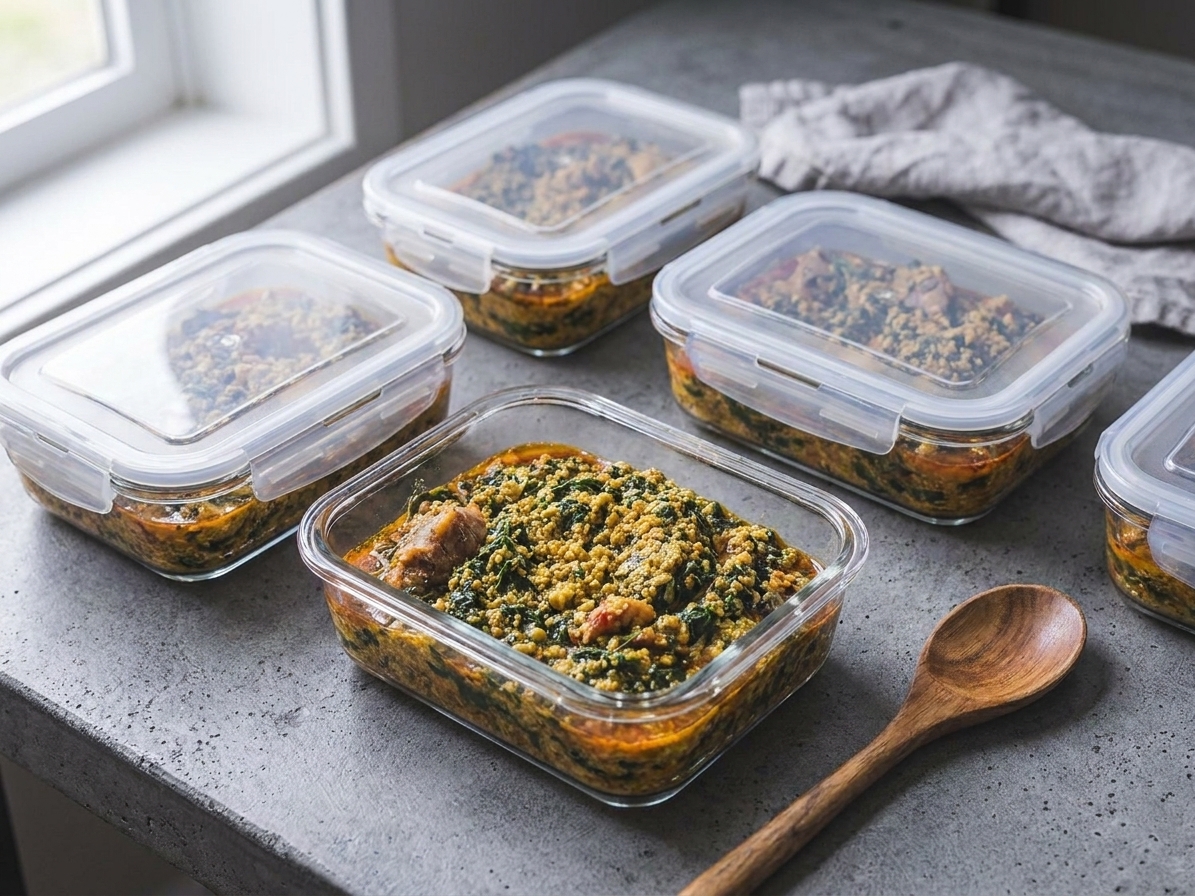 Portioned egusi soup in clear meal prep containers on a kitchen counter, with one container open showing thick soup with greens