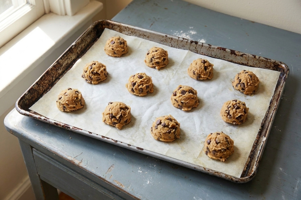 Portioned gluten free cookie dough balls spaced on a parchment lined baking sheet ready to go into the oven