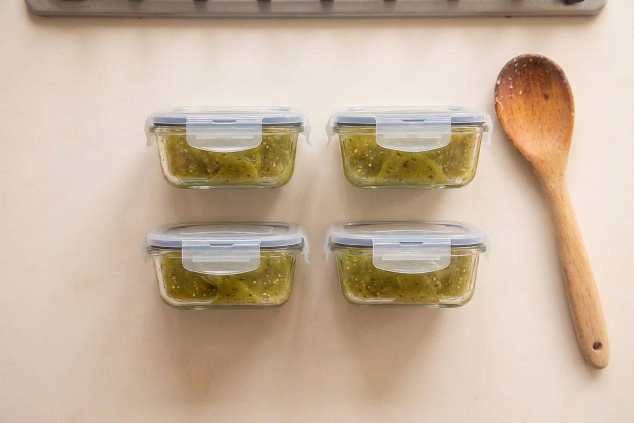 Portioned green enchilada sauce in small glass storage containers with lids on a kitchen counter