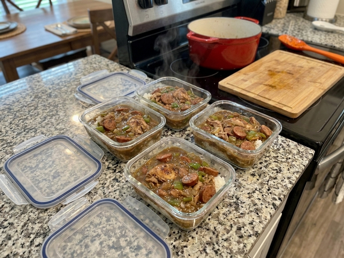 Portioned gumbo cooling in clear airtight containers on a kitchen counter with lids nearby