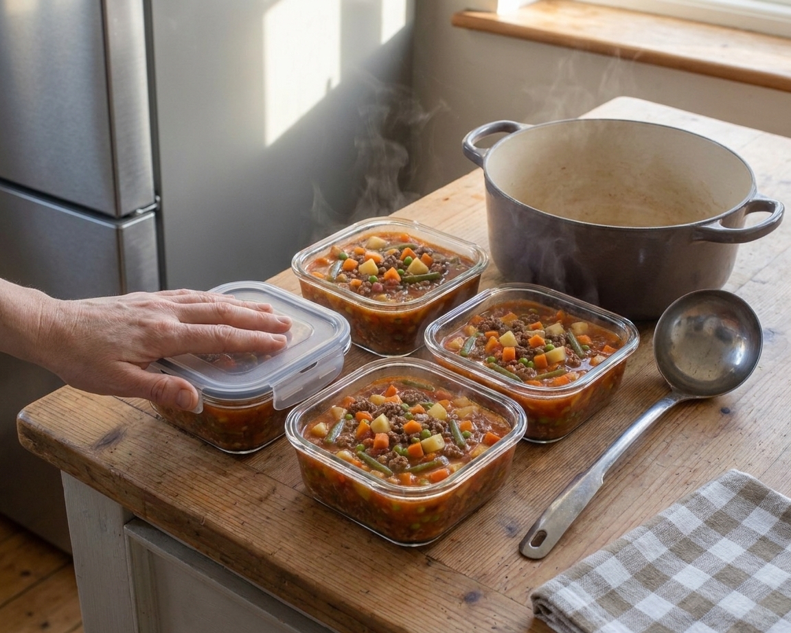 Portioned hamburger vegetable soup in clear airtight containers cooling on a kitchen counter next to a refrigerator