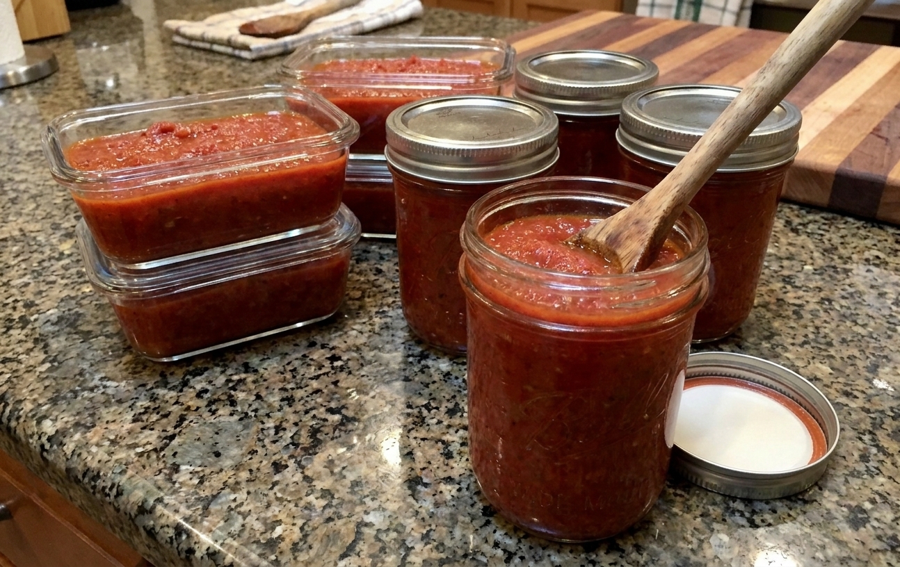 Portioned homemade marinara sauce in glass storage containers on a kitchen counter, one container with a lid off showing the sauce texture