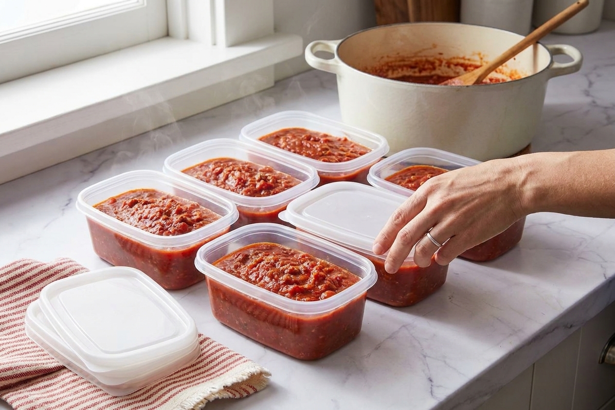 Portioned homemade spaghetti sauce in freezer containers on a kitchen counter with lids nearby