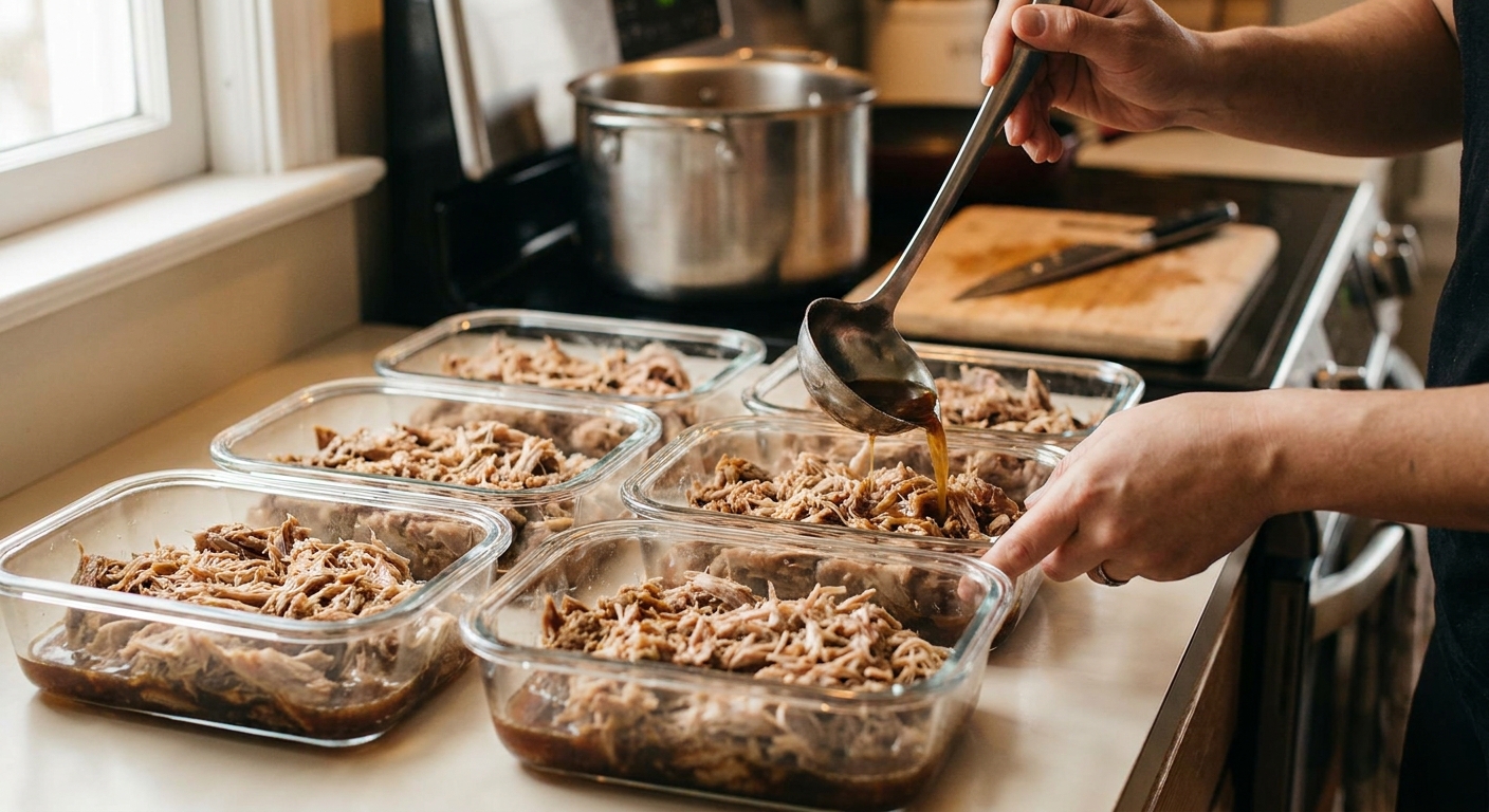 Portioned kalua pork in glass meal prep containers with a little cooking liquid for moisture on a consistent kitchen counter