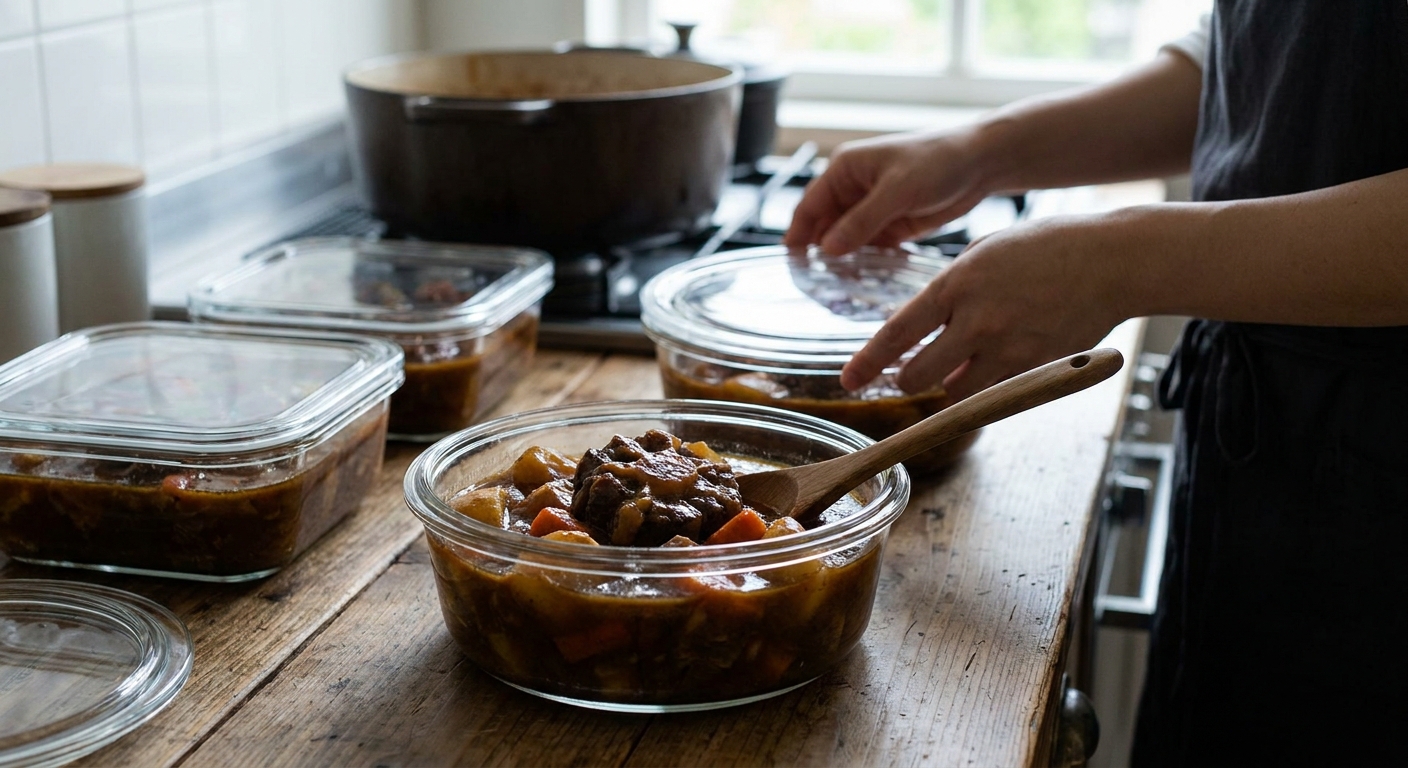Portioned oxtail stew in clear airtight containers on a kitchen counter, with one container open showing thick gravy and tender meat