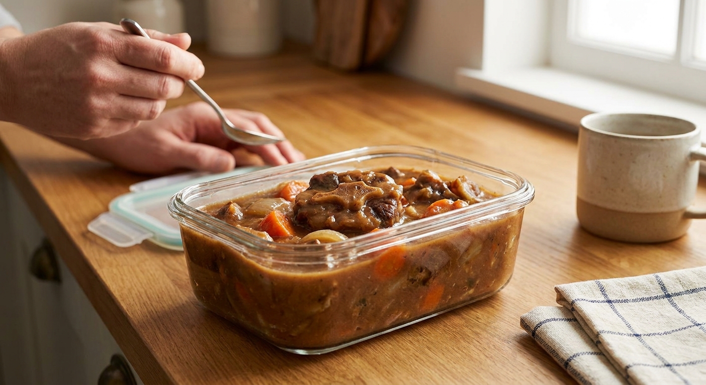 Portioned oxtail stew with brown gravy in a glass storage container on a kitchen counter, lid off and cooling