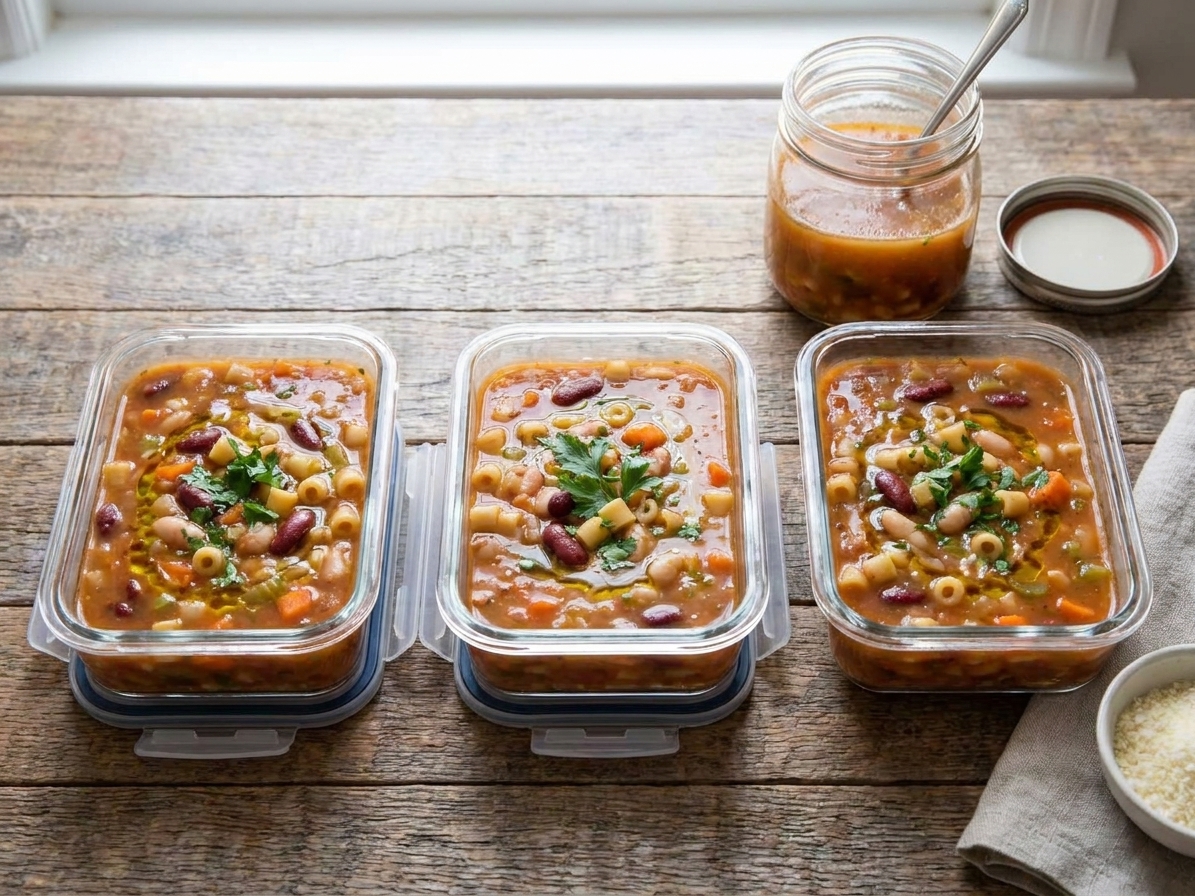 Portioned pasta e fagioli soup in glass meal prep containers on a kitchen counter, with extra broth in a small jar beside them