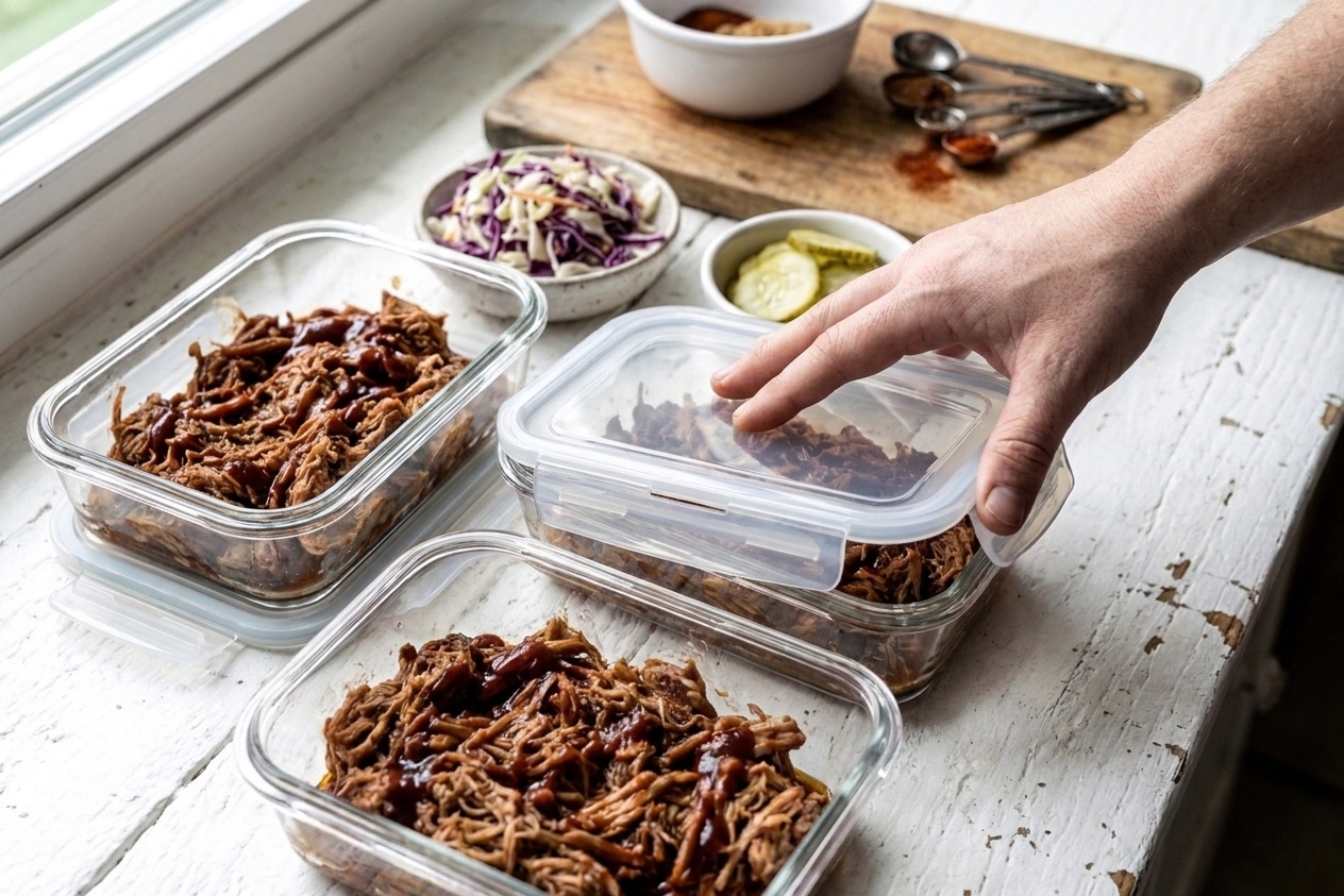 Portioned pulled pork in airtight glass meal prep containers with a little sauce, set on a kitchen counter