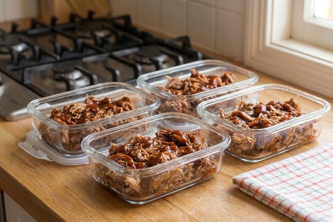 Portioned pulled pork with sauce in clear meal prep containers on a kitchen counter, ready for the refrigerator