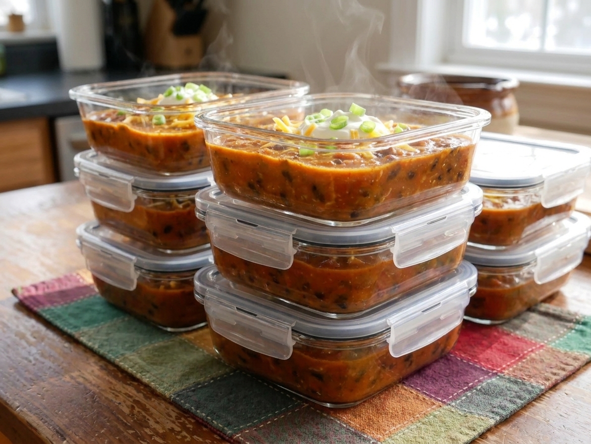Portioned pumpkin chili in clear airtight containers stacked neatly and ready for meal prep