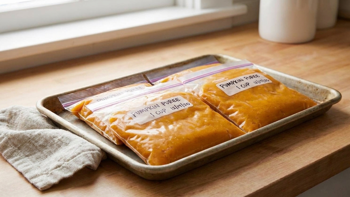 Portioned pumpkin puree sealed in labeled freezer bags laid flat on a baking sheet, ready to freeze