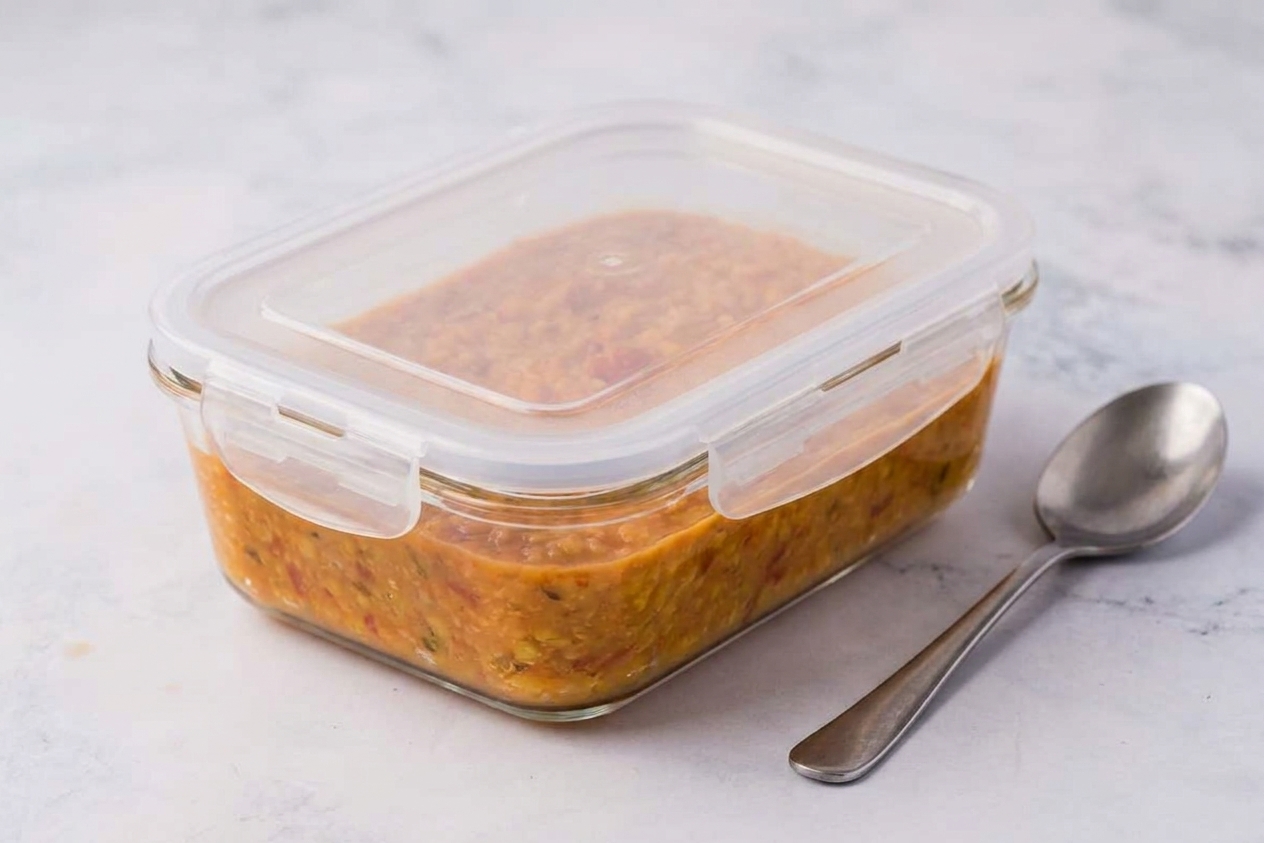 Portioned red lentil dahl in a glass meal prep container with a lid on a kitchen counter next to a spoon