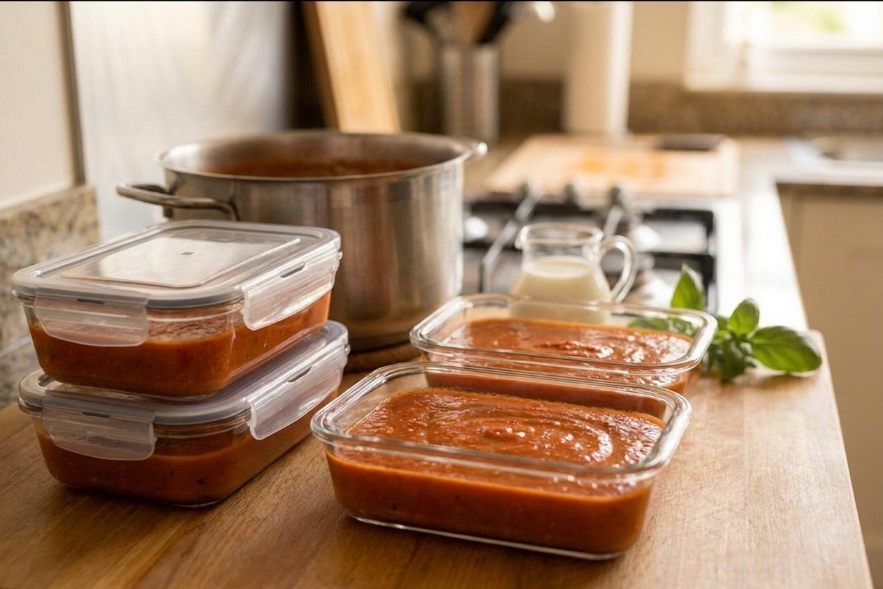 Portioned roasted tomato soup in glass meal prep containers with lids on a kitchen counter