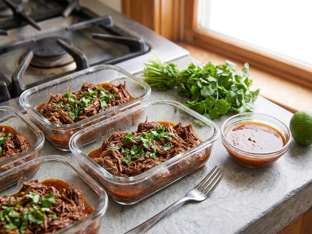 Portioned shredded barbacoa in glass meal prep containers with a little sauce, topped with cilantro, on a kitchen counter