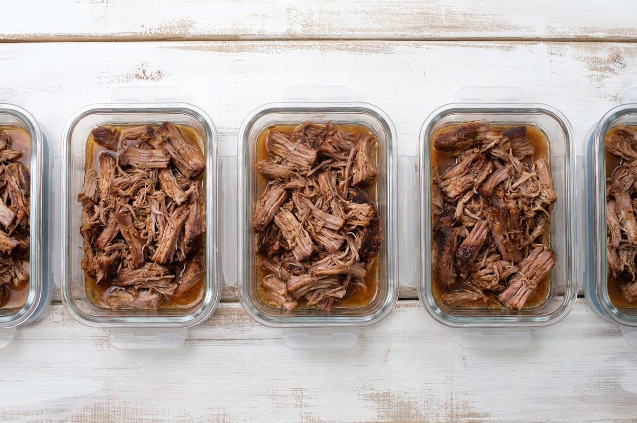 Portioned shredded pork shoulder in clear storage containers with a little cooking liquid, lined up on a kitchen counter