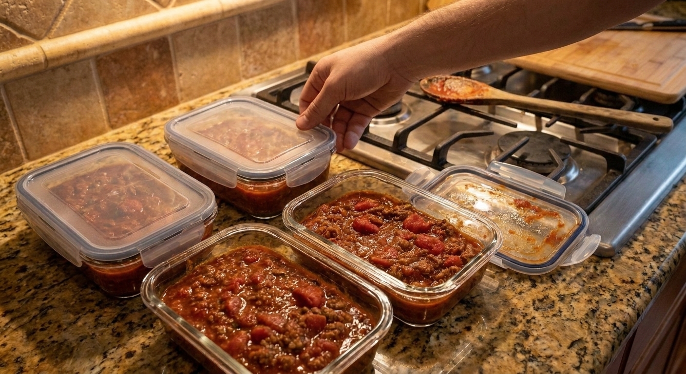 Portioned spaghetti sauce in clear glass storage containers with lids on a kitchen counter