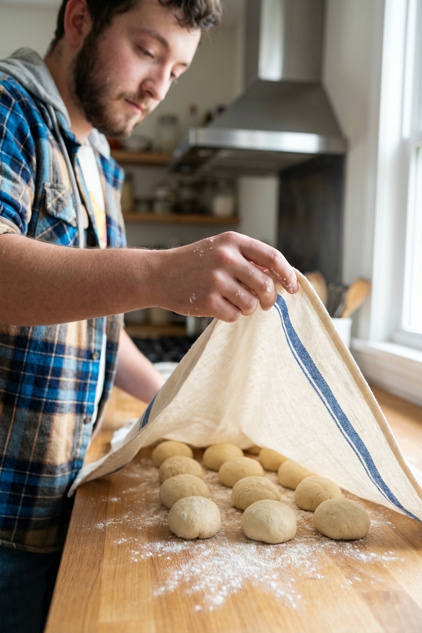 Portioned tortilla dough balls resting on a countertop lightly dusted with flour, covered with a clean kitchen towel, photorealistic food photography