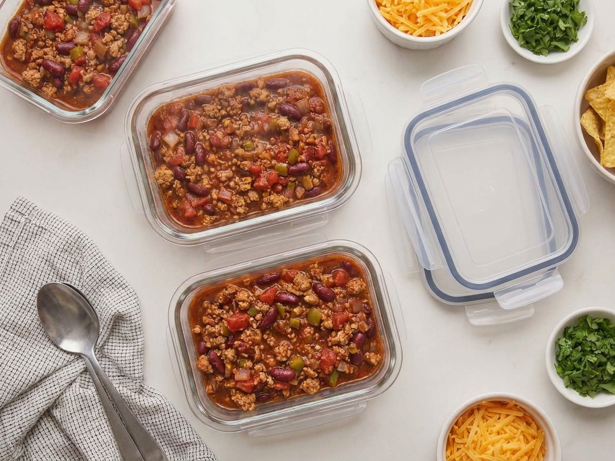 Portioned turkey chili in clear meal prep containers cooling on a kitchen counter with lids nearby