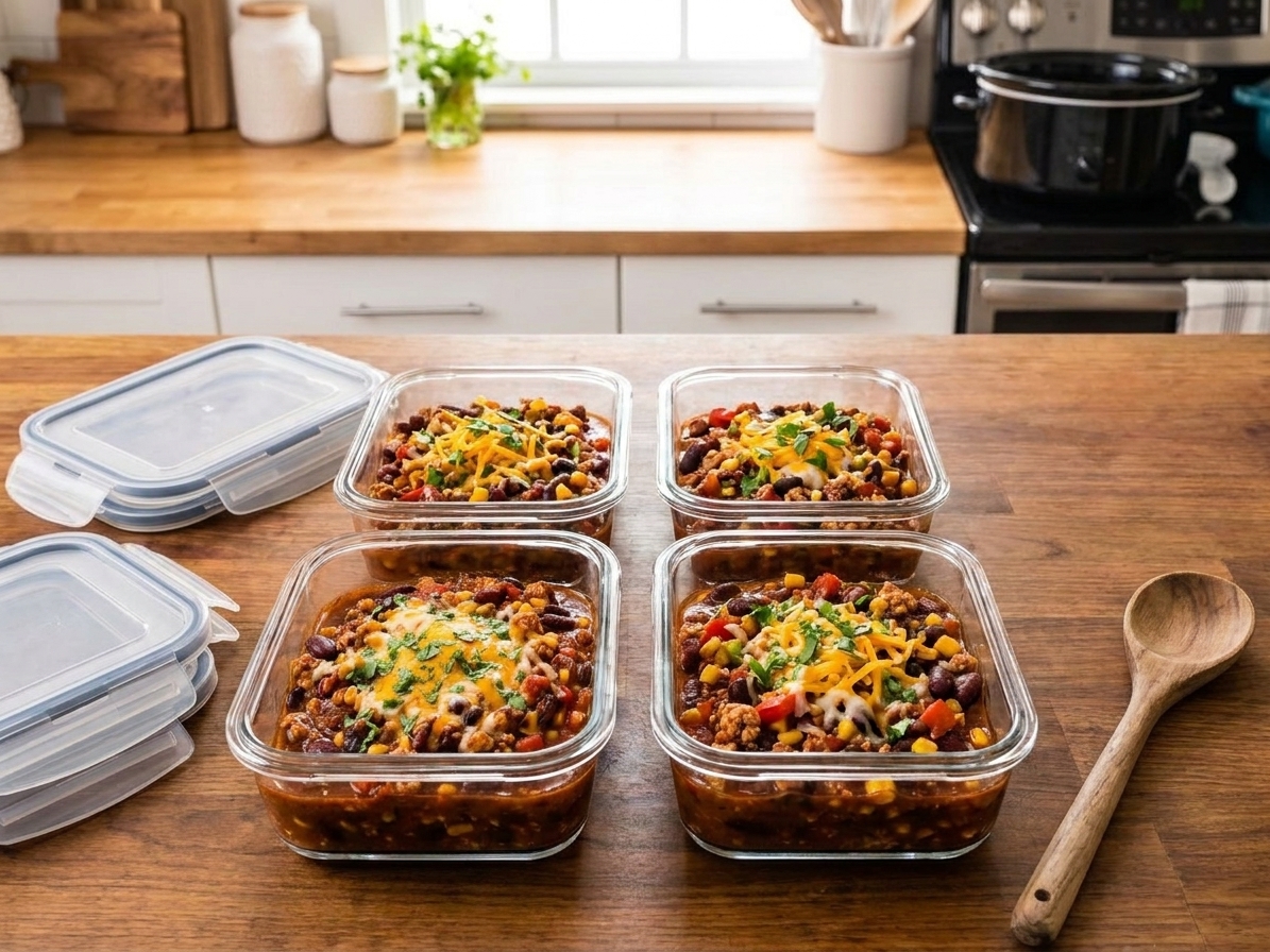 Portioned turkey chili in clear meal prep containers on a kitchen counter with lids nearby