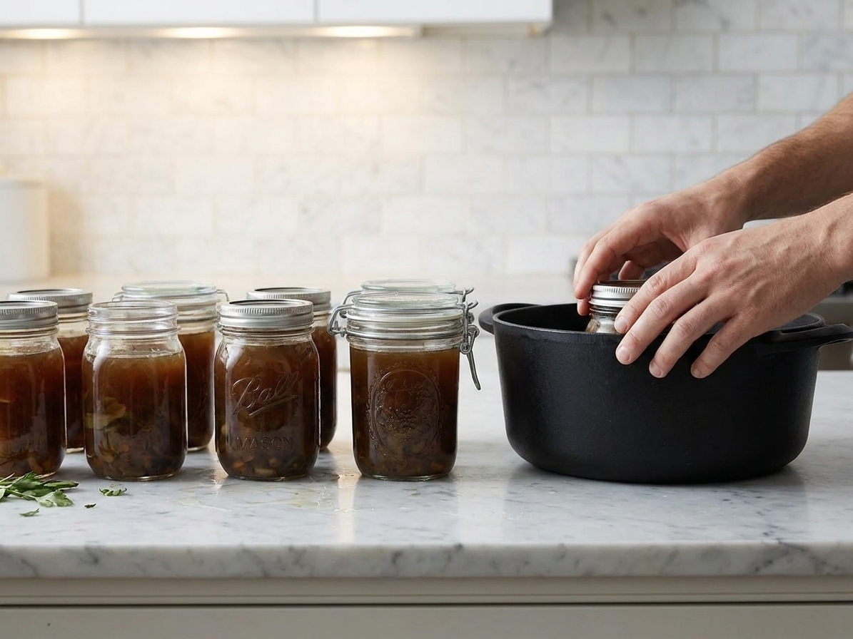 Portioned vegetable broth in glass containers with lids on a kitchen counter, ready for refrigeration and freezing