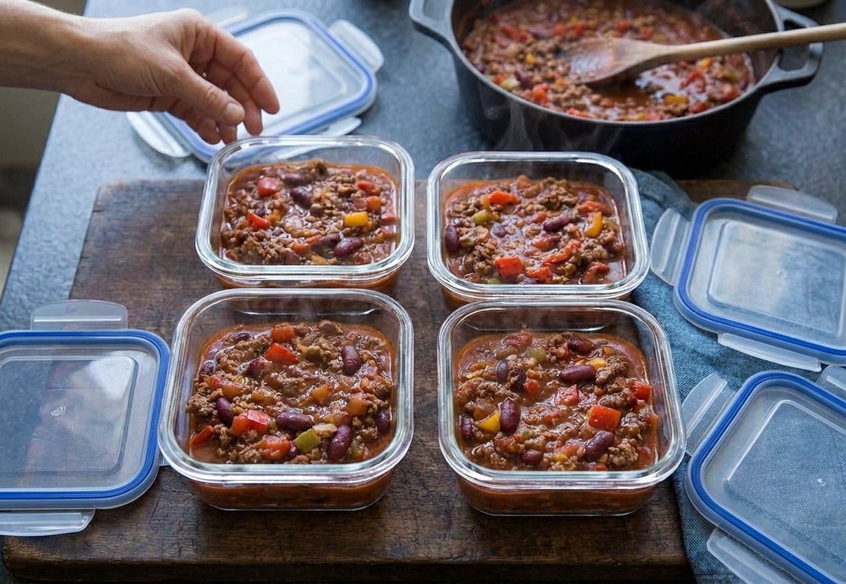 Portioned venison chili cooling in clear meal prep containers with lids nearby