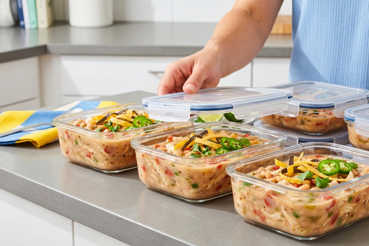 Portioned white bean chicken chili in clear airtight containers on a kitchen counter ready to go into the refrigerator.