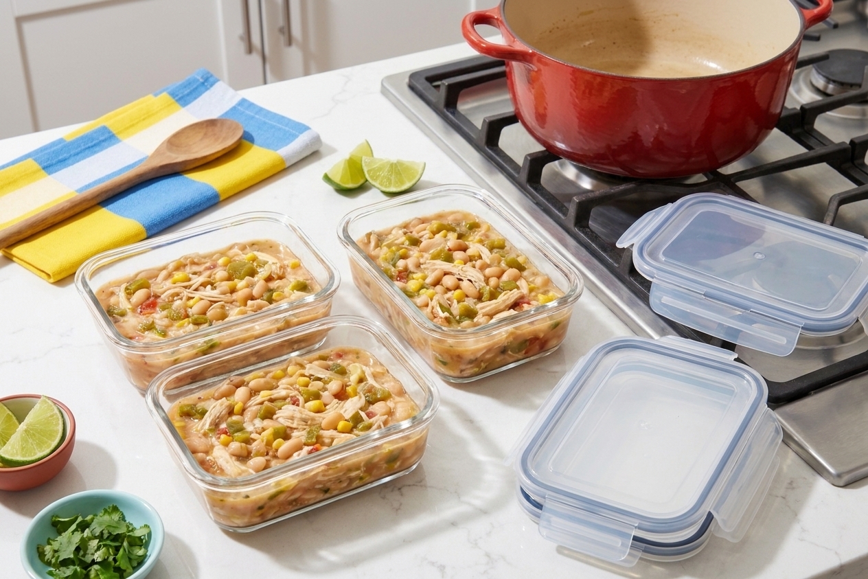 Portioned white bean chicken chili in clear meal prep containers on a kitchen counter, lids nearby, ready for the refrigerator