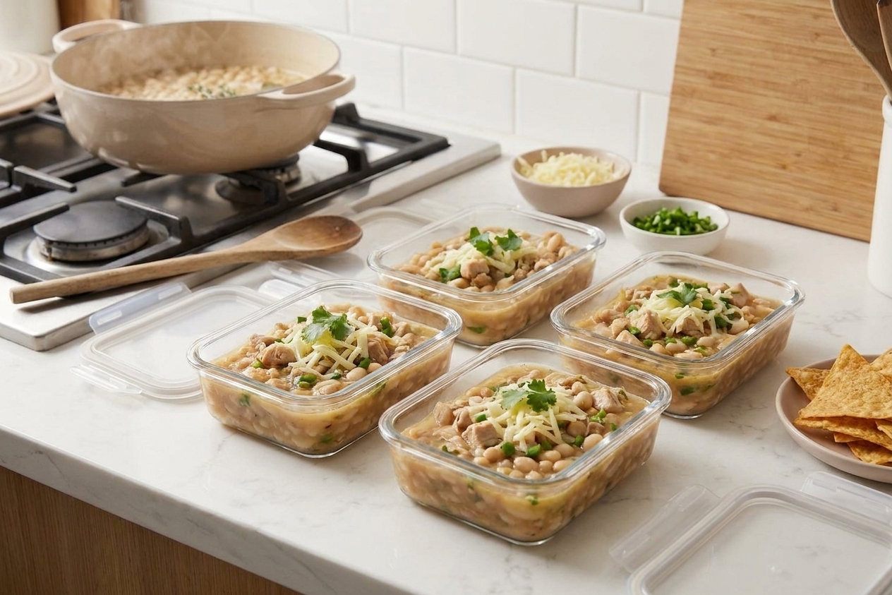 Portioned white bean chili in clear meal prep containers cooling on a kitchen counter with lids nearby