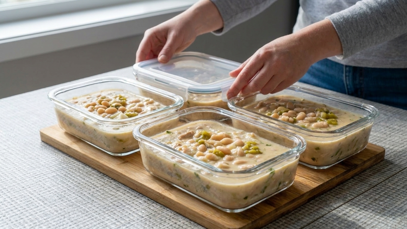 Portioned white chicken chili in glass meal prep containers with lids on a kitchen counter, ready for storing
