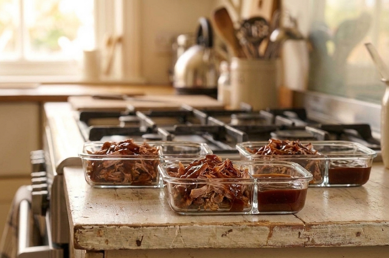Portions of BBQ pulled pork in glass meal prep containers with extra sauce on the side on a kitchen counter