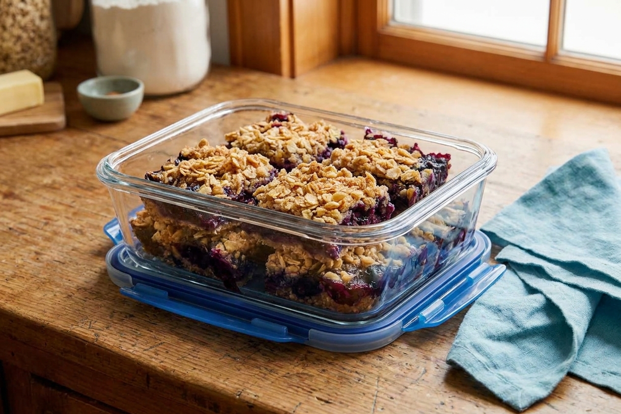 Portions of blueberry crumble stored in a glass food container with a tight lid on a kitchen counter