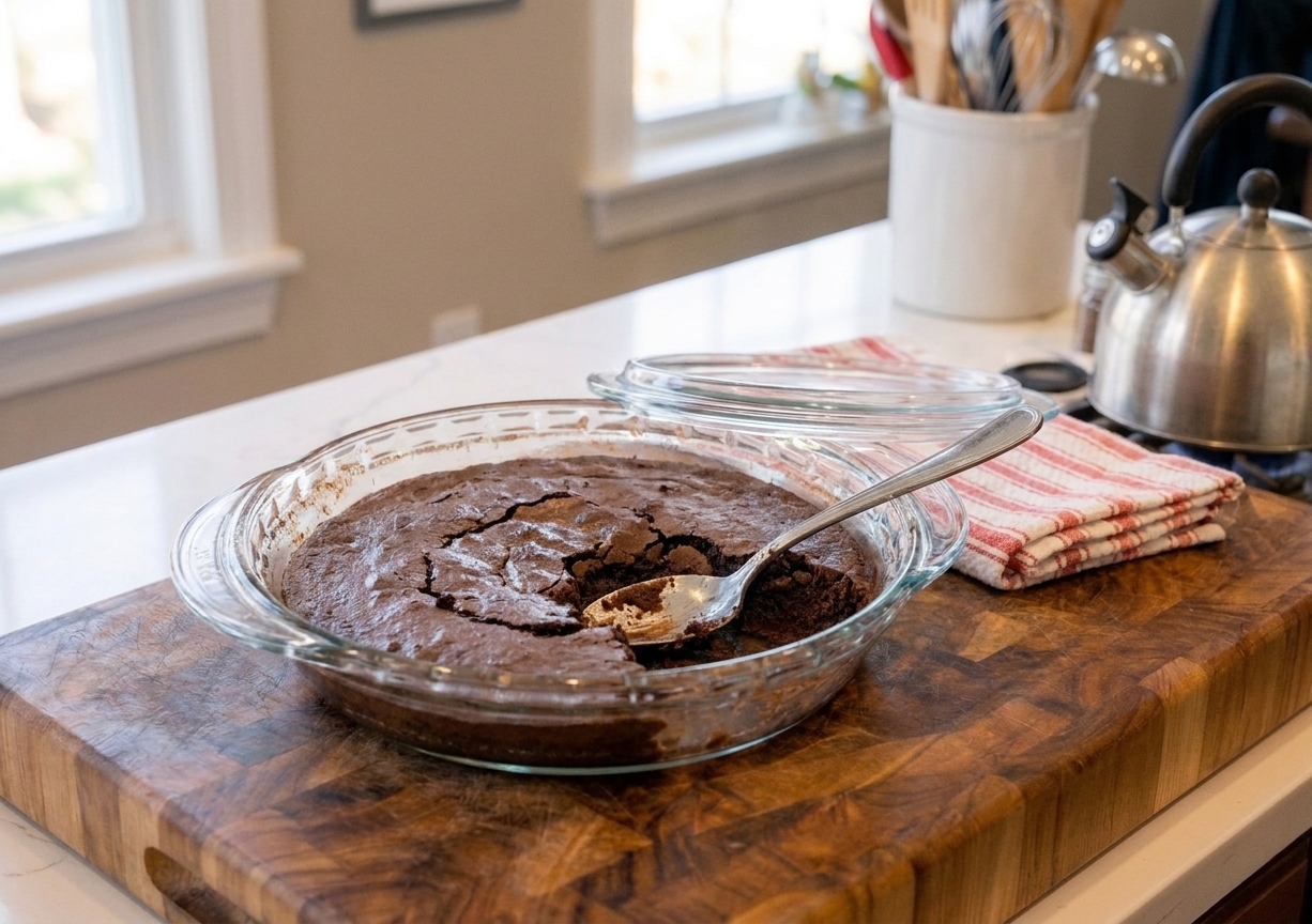 Portions of brownie pudding stored in a glass airtight container on a kitchen counter with a spoon nearby