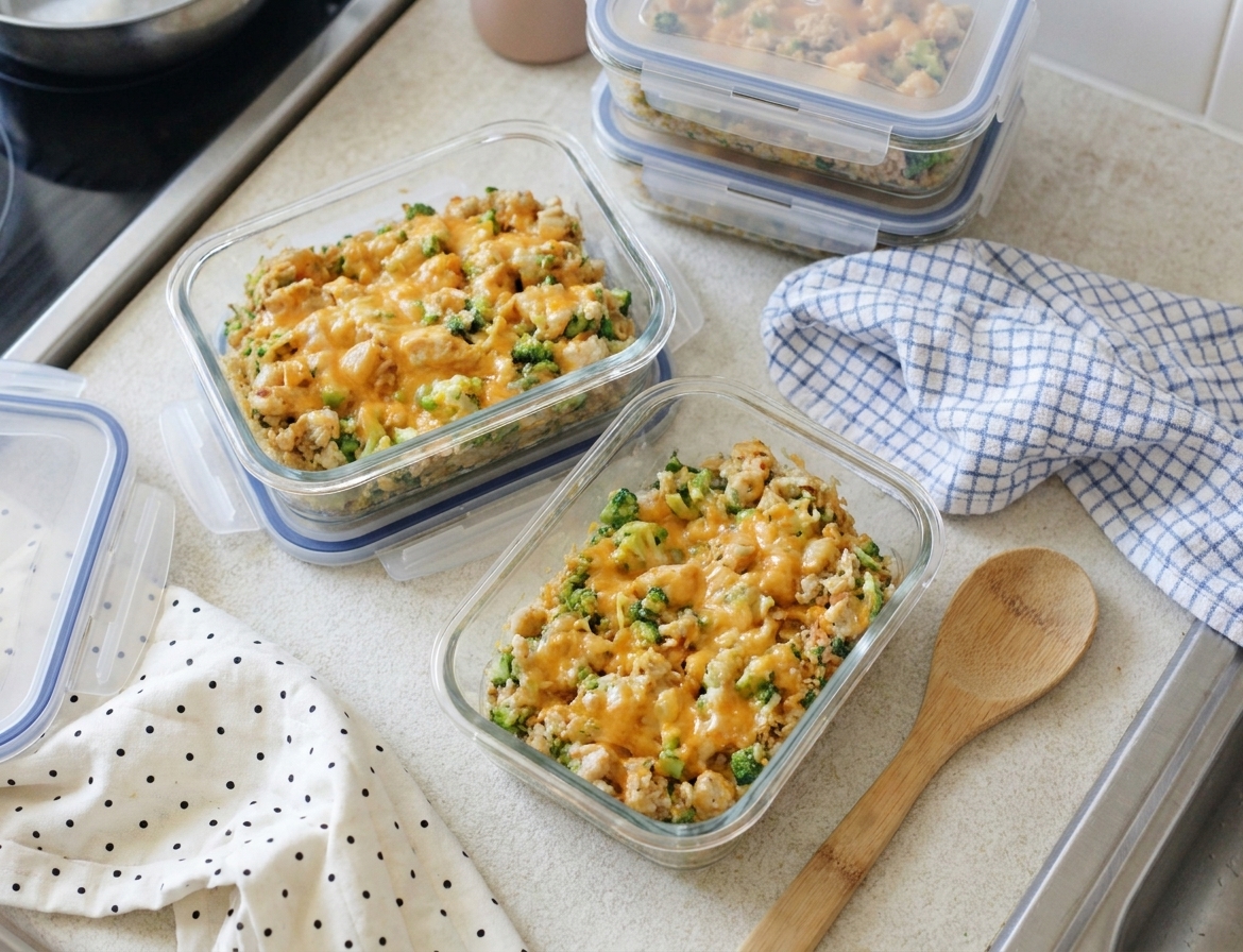 Portions of chicken broccoli rice casserole stored in clear glass meal prep containers on a kitchen counter