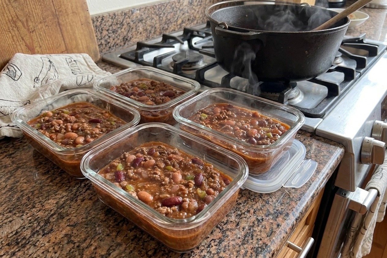 Portions of chili cooling in clear meal prep containers on a kitchen counter with lids nearby