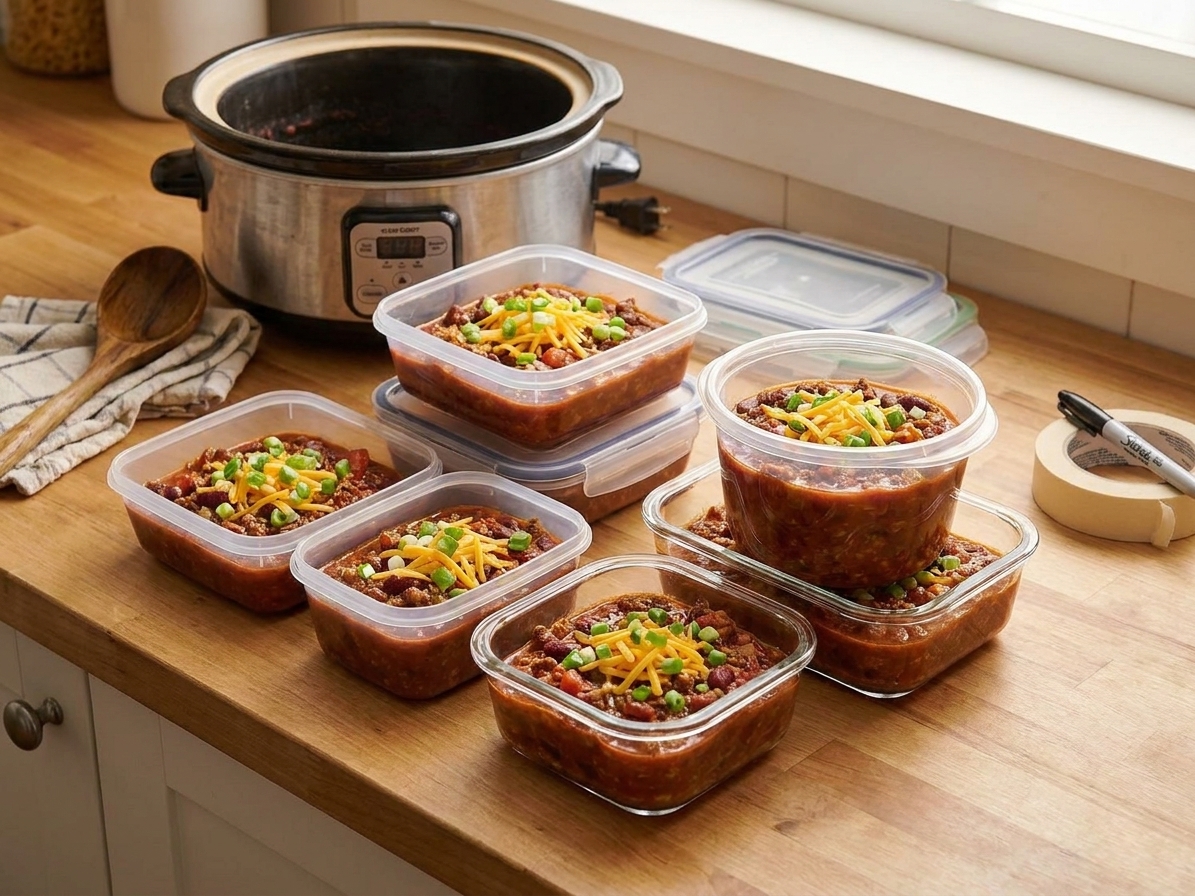 Portions of chili packed into clear meal prep containers on a kitchen counter, ready for the fridge and freezer