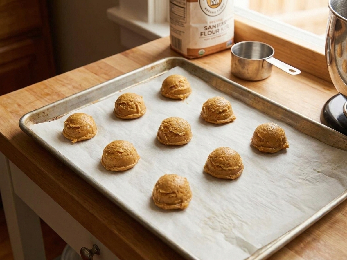 Portions of chipless cookie dough spaced on a parchment-lined baking sheet on a kitchen counter