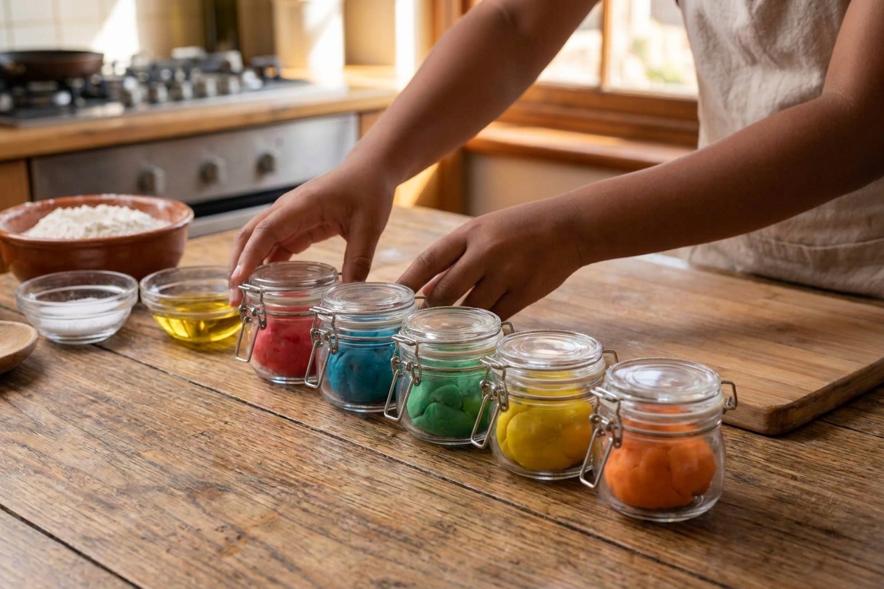 Portions of colored play dough stored in small airtight containers lined up on a kitchen table.
