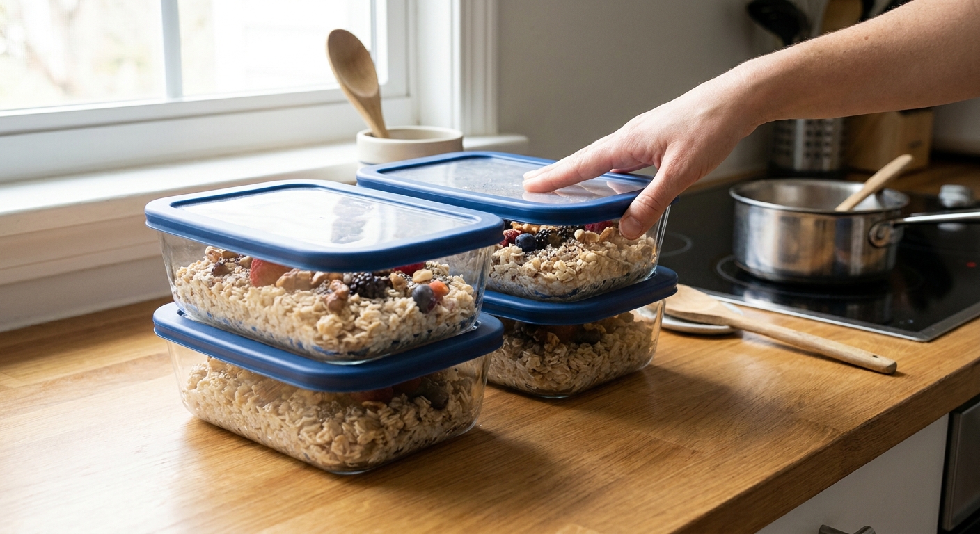 Portions of cooked rolled oats in glass meal prep containers with lids on a kitchen counter, ready for the fridge