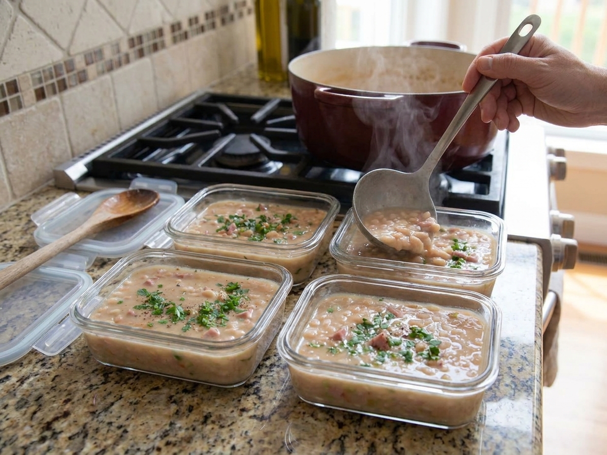 Portions of navy bean soup in clear airtight meal prep containers on a kitchen counter, ready for refrigeration